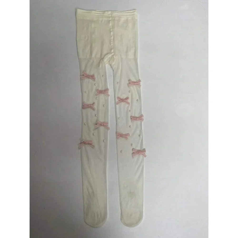 Women's Faux Pearl & Bow Decor Fashion Tights High For Party White 1pair